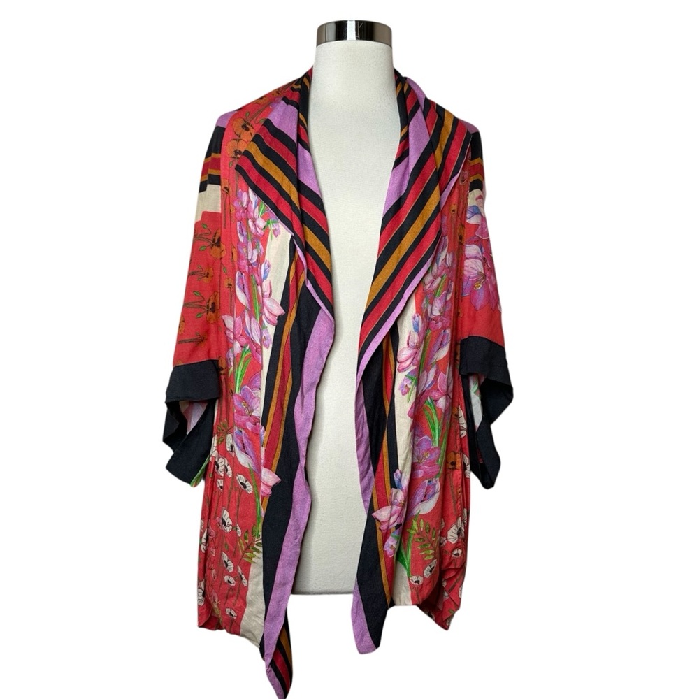Free People Beachcomber Print Cover Kimono Cardigan Floral Stripe One Size